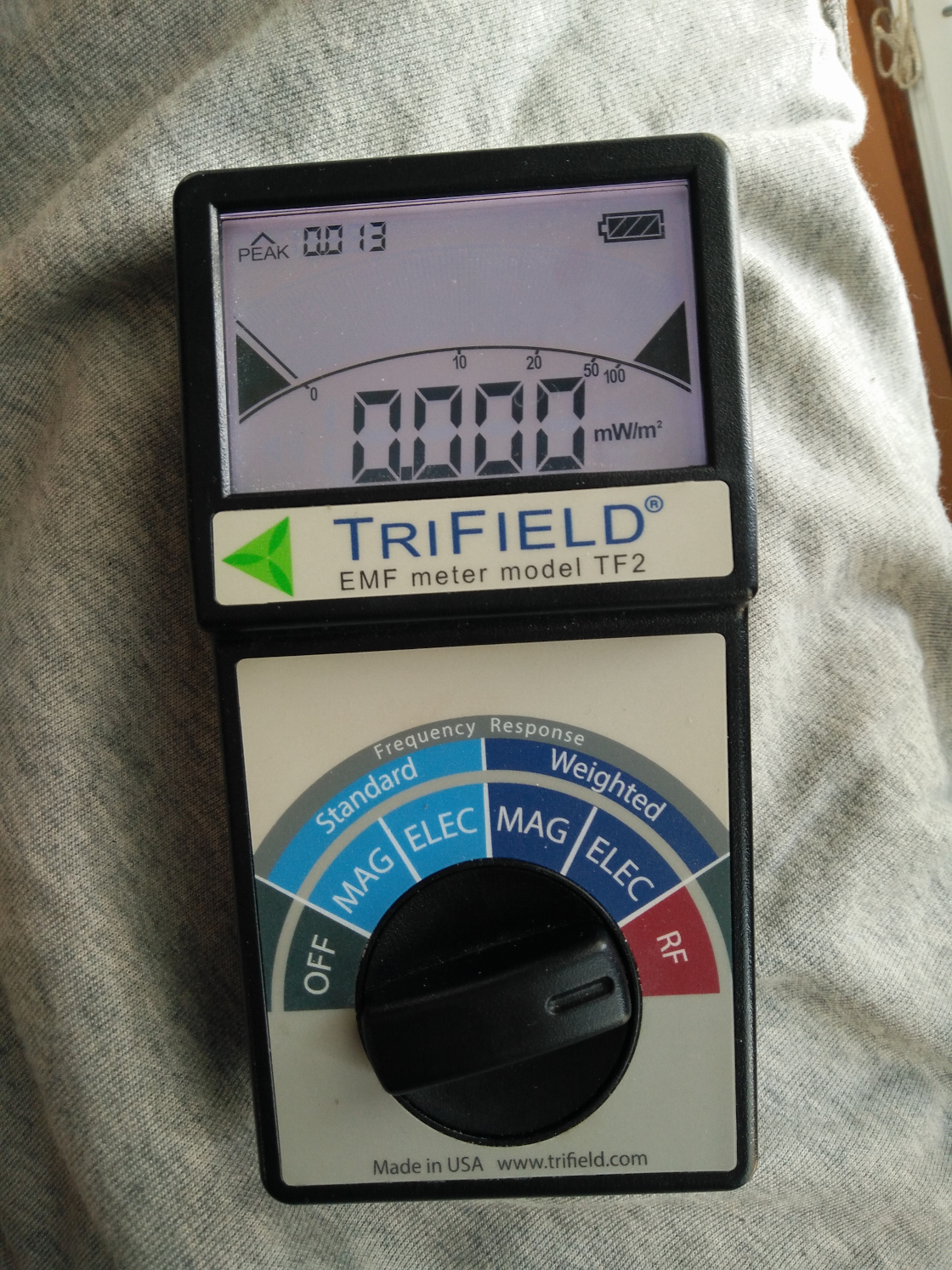 EMF meter displaying a lower "peak" reading when not protected by shielding fabric