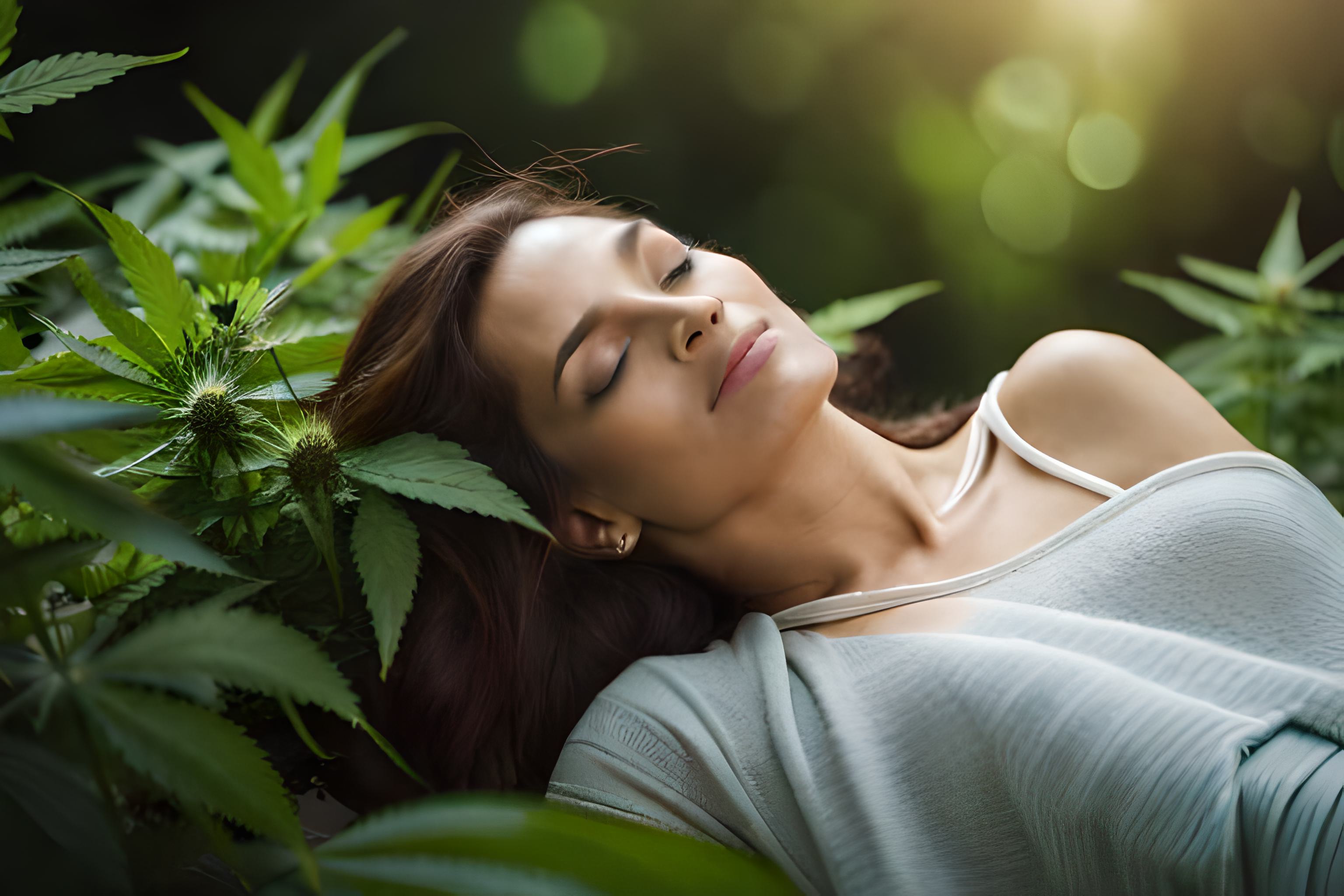 woman happily sleeping on a bed of marijuana leaves