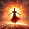 an abstract image of a woman standing, liberated, with arms open in front of a bright blast of light in space.