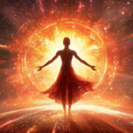 an abstract image of a woman standing, liberated, with arms open in front of a bright blast of light in space.