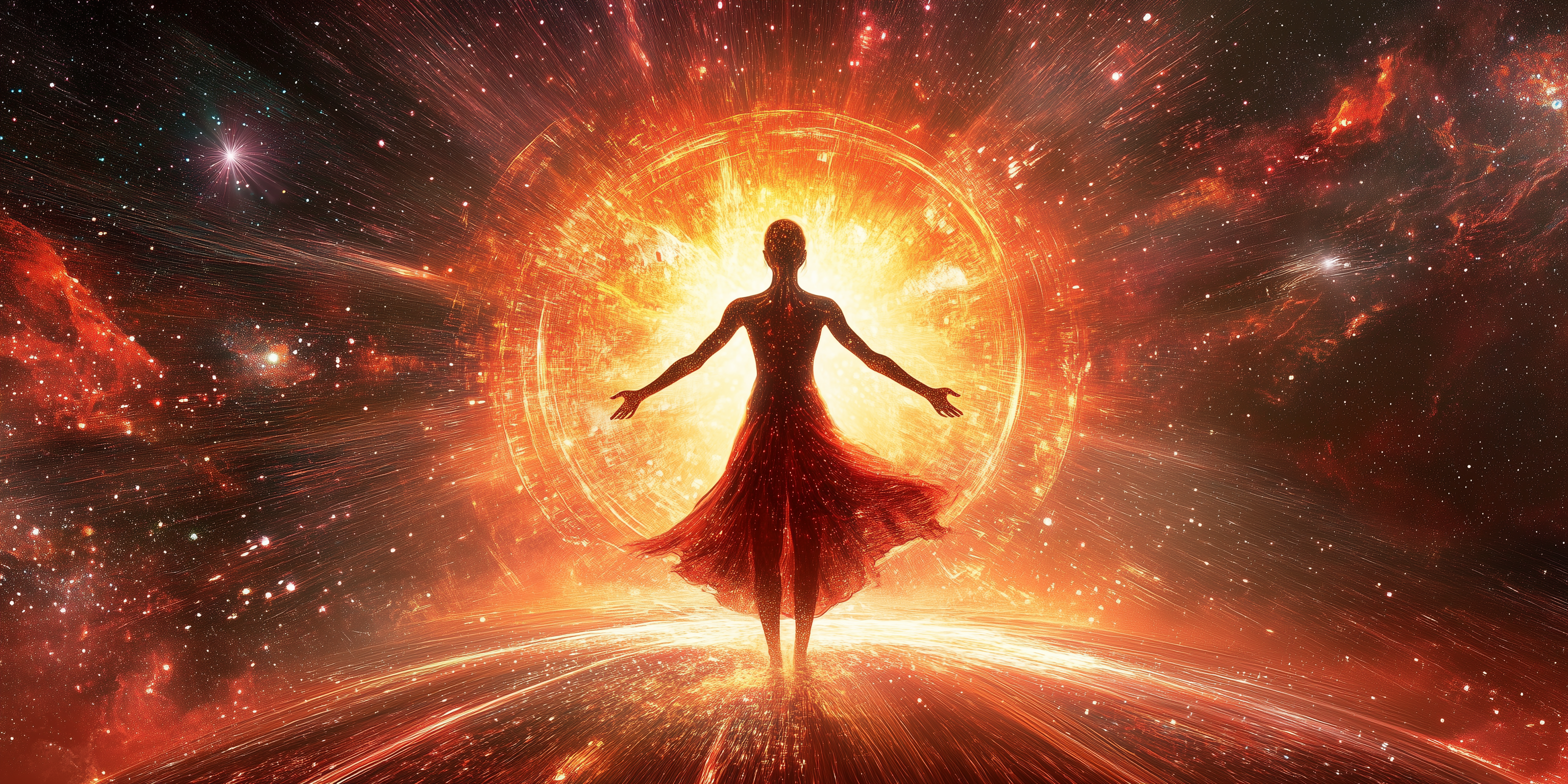 an abstract image of a woman standing, liberated, with arms open in front of a bright blast of light in space.